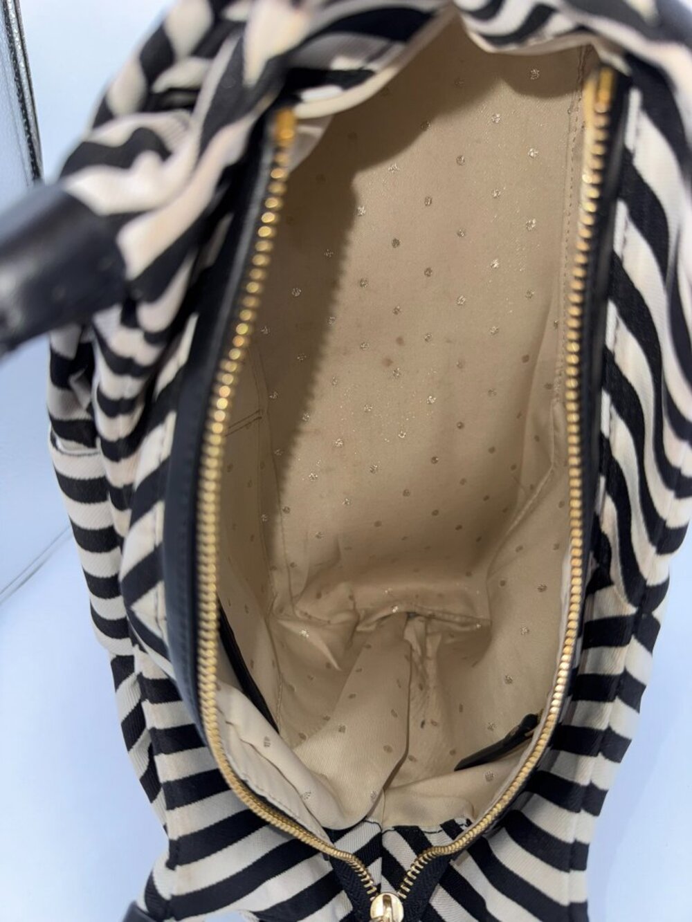 Kate Spade Black White Canvas Striped Bow Handbag Purse Classic Chic - Picture 15 of 16